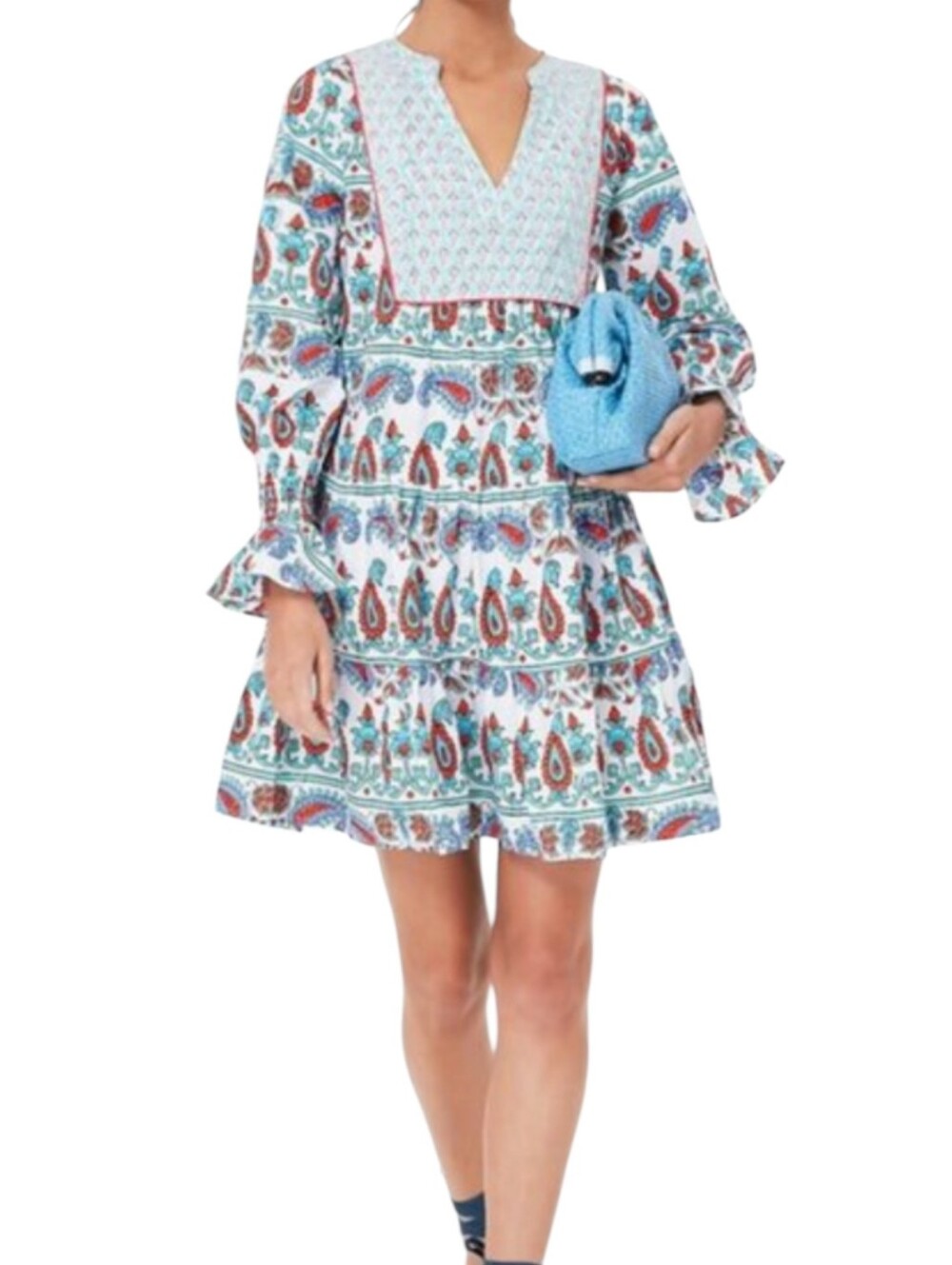 Tuckernuck Teal /Seagrass/ White Boho Floral Paisley Tiered Tiered Dress Sz L